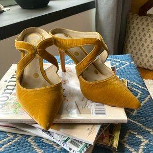 Boden gold velvet slip on heels. Size 40. Worn once, great condition!